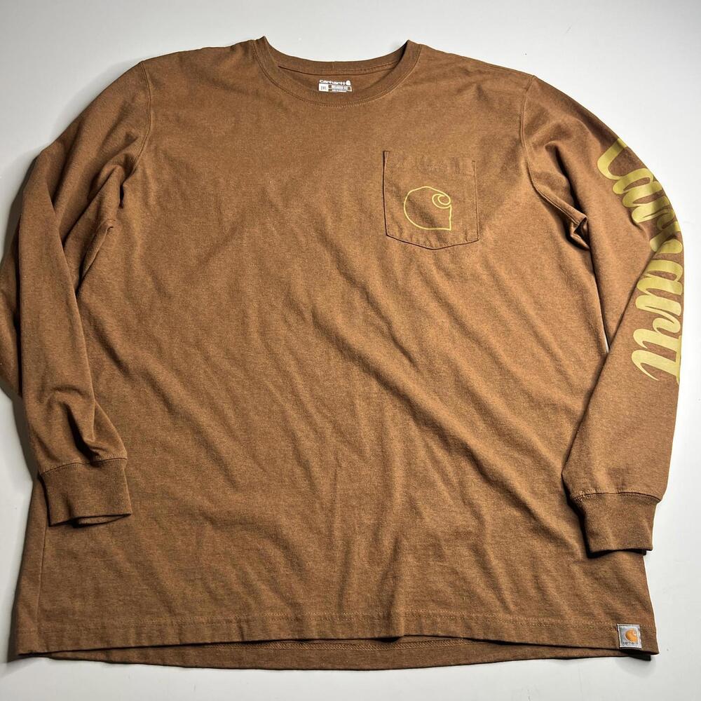 Carhartt Shirt Mens 2XL Brown Long Sleeve Pocket Logo Relaxed Fit Workwear
